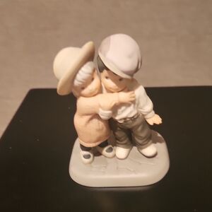 Collectible Ceramic Boy and Girl Figurine in Cream, Pink and Gray